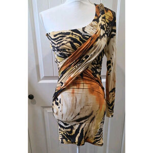 Sky NWT One Shoulder Animal Print Ruched Bodycon Mini Cocktail Dress L Rhineston